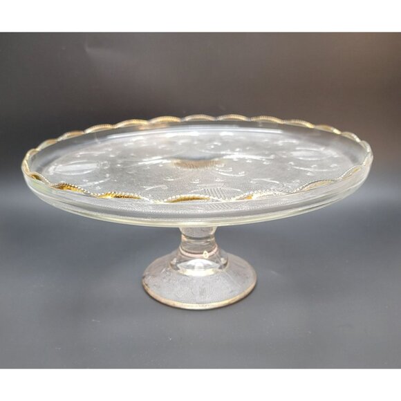 Vintage Glass Cake Plate Jeanette Harp Design Gold Edged Scalloped Dish DD03 - Picture 1 of 7